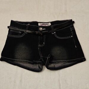 LAMASINI Cut-Off Shorts Juniors 5 Black Denim Embroidered Pockets Belted Casual
